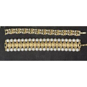 2 Crown Trifari Bracelet Egyptian Style Faux Pearl Gold Tone Rhinestones Jewelry